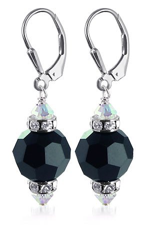 41C0aiWO0kL 10 MM Multifaceted Round Black Swarovski Crystal Sterling Silver Leverback 1.5 Long Dangle Earrings