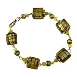 Bracelet - B73 - Murano Style Glass - Squares ~ Green-Gold