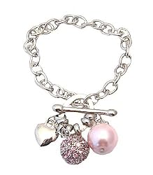 Bracelet - B111 - Pearl, Crystal Ball & Heart Charms ~ Rose