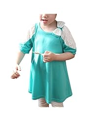 Girls Floral Print Short Sleeves Cotton Lace  Mini Dress  With a Bow(s)