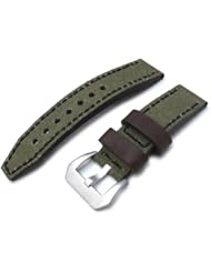 22mm MiLTAT Military Green Leather Washed Canvas Ammo Watch Strap in Black Stitches