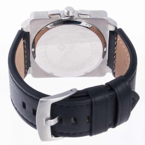 Republic Mens Stainless Steel Black Leather Strap Chrono Aviation Watch
