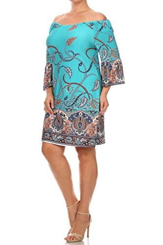 (Plus Size) Tapestry Print 3/4 Bell Sleeve Knit Boho Dress (MADE IN U.S.A)