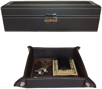 Two Piece Men's Executive Gift Set Chocolate Brown Coin Tray and 6 Slot Watch Display Case Box Glass Top