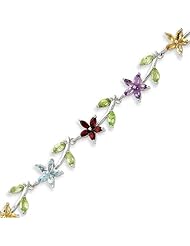 Sterling Silver 7.75 Inch Multi-color Semi-precious Floral Bracelet - 7.75 Inch