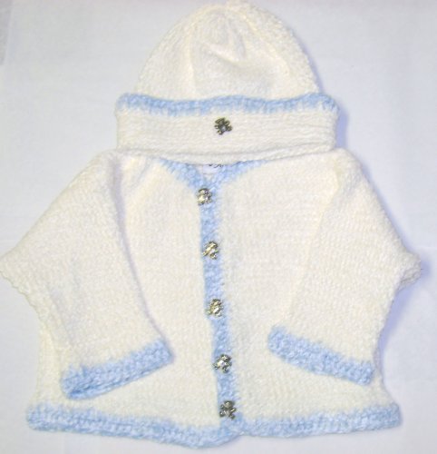Knitted on Hand Knitting Machine Natural Chenille Hand Crochet Finished with Blue Chenille Infant Boys Cardigan, Hat Set