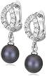 Sterling Silver Dyed Black Freshwater Cultured Pearl and White Topaz Drop Earrings