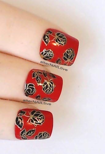Black & Gold Metallic Roses Flower Nail Art Sticker Decals by alterNAILtive CD005