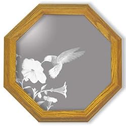 Decorative Etched Mirror - Hummingbird Art Etching, Octagon Solid Oak Framed Wall Mirror, 13 inches