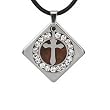 Stainless Steel Cross in Natural Redwood Cubic Zirconia Circle Diamond-Shaped Pendant w. Rubber Cord Necklace