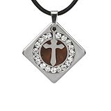 Stainless Steel Cross in Natural Redwood Cubic Zirconia Circle Diamond-Shaped Pendant w. Rubber Cord Necklace