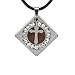 Stainless Steel Cross in Natural Redwood Cubic Zirconia Circle Diamond-Shaped Pendant w. Rubber Cord Necklace