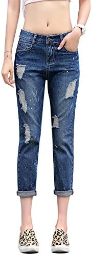 DAIJEAN Womens Low Rise Harron Denim Broad Thigh Crop Holed Jeans (2 (Asia 26))