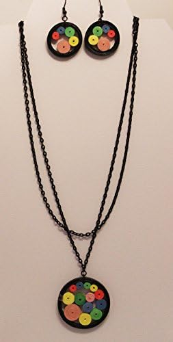 Multi-color Necklace Set made with the technique of Paper Quilling in a black double chain with a round pendant with circle forms in varoius colors