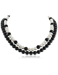 2 Row Black Onyx and White Freshwater Cultured Pearl Sterling Silver Clasp Necklace, 20"