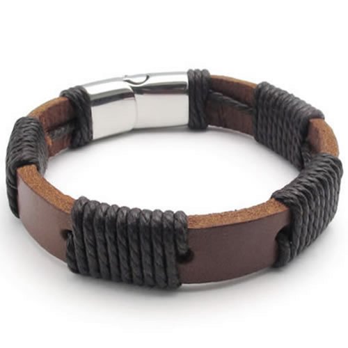 KONOV Jewelry Mens Surfer Brown Leather Bracelet Stainless Steel Clasp, 12mm - 8", 8.5", 9" inches