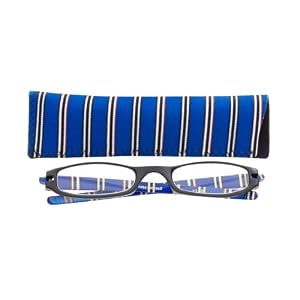 Expressions Plastic 1/2-Eye Frame in Blue and Black Stripes with Matching Neoprene Case, +2.00