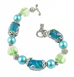 Bracelet - B19 - Handmade Fire-Polish, Glass and Pearl Beads - Tube Shape Beads - Toggle Closure ~ Aqua and Green