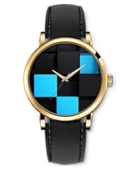 SPRAWL Aanalog Fashion Series Gold Ladies Watches of Genuine Black Leather Strap,Unique Wrist Watch for Women Girls Designed with Blue and black cubes