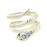 Fabulous Solid Sterling Silver Natural Tanzanite & Ruby Detailed Snake Ring - Finger Sizes 5 to 12 Available