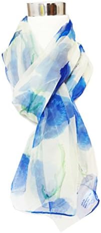 Chiffon Sheer Blue Flowers on Cream 100% Silk Long Stole 44" x 66" (Extra wide)