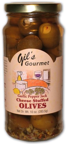 Gourmet Stuffed Olives, Garlic Pepper Jack Cheese Stuffed Olives, 10oz. Glass Jar by Gil's Gourmet
