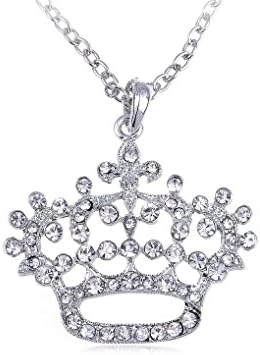 Spicy Key Floral Abstract Bling Ice Crystal Clear Rhinestone Crown Queen Pendant Necklace