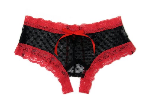 Trixx Intimates Women's Black Crotchless Boyshort Panty With Red Laceup X-Large