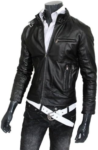 Men's Casual Fashion Leather Jacket Madarin Collar Y198 (XL (US Medium), Black)