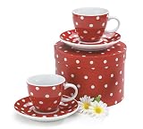 Set Of 2 Red And White Polka Dot Teacup and Saucer Sets In Gift Box