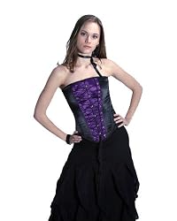 Shaper Corset Black and Purple Satin Steel Boned Strap Overbust Corset with Top Lace Steel Front Busk Closure SC80025