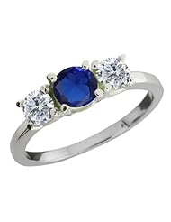 1.09 Ct Round Blue Created Sapphire G/H Diamond 18K White Gold Ring