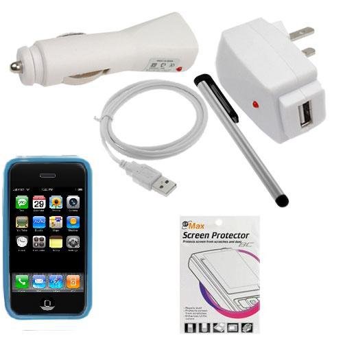 USB Car Charger + USB Home Charger + USB Data Cable + Silver Stylus + Clear LCD Screen Protector + Blue Durable Soft Gel Skin Cover Case for AT&T Apple Iphone 3G - Iphone 3G S 3GS Smartphone By GTMax USB Car Charger + USB Home Charger + USB Data Cable + Silver Stylus + Clear LCD Screen Protector + Blue Durable Soft Gel Skin Cover Case for AT&T Apple Iphone 3G - Iphone 3G S 3GS Smartphone By GTMax