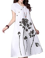 A-line V-neck General Print Short Sleeves Cotton/Linen  Dress