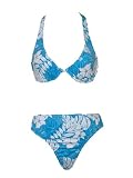 VM by Manhattan Beachwear Tropical Print Turquoise UW Halter Bikini L