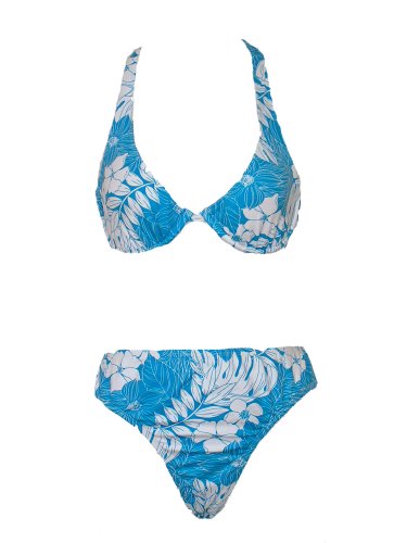 VM by Manhattan Beachwear Tropical Print Turquoise UW Halter Bikini L