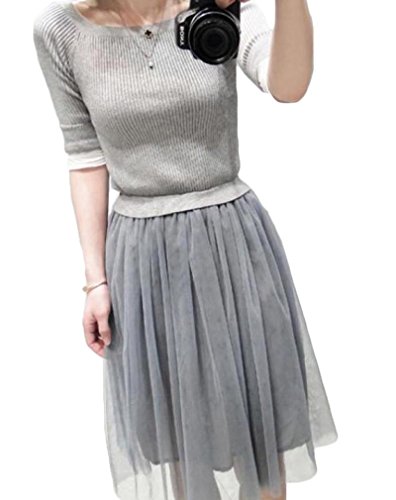 (ディーコッテ)D'Kotte チュール スカート ニット 五分袖 ワンピース リゾート 春 ワンピ ひざ 丈 膝丈 マキシ neax368