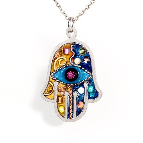 Evil Eye Protect Blue & Gold Hamsa Necklace