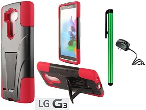 LG G3 Premium T-Stand / Side-Stand Hybrid Holster Design Protector Hard Cover Case (For 2014 LG New Flagship Android Phone) + Travel (Wall) Charger + 1 of New Assorted Color Metal Stylus Touch Screen Pen (RED / BLACK)