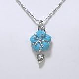 Blue Turquoise Carved Flower Pendant w. Silver Chain Necklace