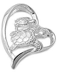 Sterling Silver Heart Sea Turtles Pendant Beautiful Cute Charm Pure 925 New 20mm with 1.2mm Rope Chain
