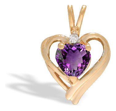 14K Yellow Gold Genuine Heart Amethyst and Diamond Pendant