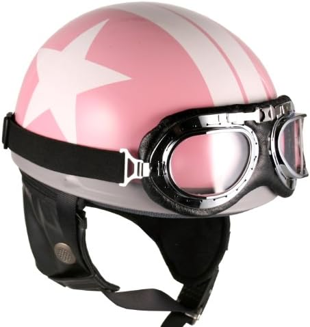 Goggles Vintage German Style Half Helmet (Pink White-star , Large) Motorcycle Biker Cruiser Scooter Touring Helmet