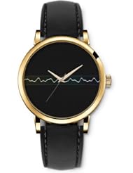 SPRAWL Aanalog Fashion Series Gold Ladies Watches of Genuine Black Leather Strap,Unique Wrist Watch for Women Girls Designed with The dividing line
