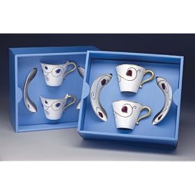 Box set of 2 bone china tea cups & saucers, blue