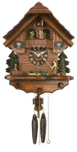 River City Clocks One Day Musical Cuckoo Clock Cottage with Fisherman Fishing in Pond – 14 Inches Tall – Model # MD402-14