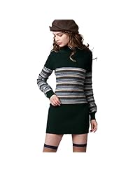 Puff Sleeves Striped Print Turtleneck Leather/Wool/Knit Vintage Jacquard Belted  Dress