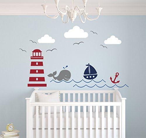 Nautical Theme Wall Decal - Nautical Decor - Nursery Wall Decal - Whale and Sailboat - Vinyl Baby Nursery Decor