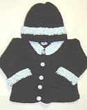 Ck75, Knitted on Hand Knitting Machine Trimmed with Hand Crochet Infant Boys Black Chenille with Blue Trim Cardigan Hat Set