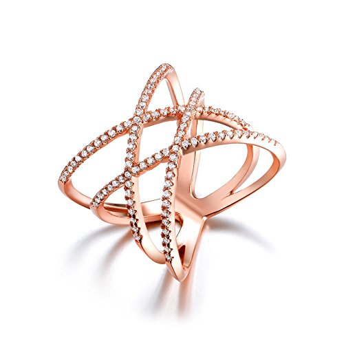 Redbarry 18k Rose Gold Plated Double Cross X Shape Micro CZ Paved Party Rings, Size 8